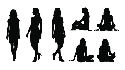 Silhouettes of women in various poses isolated on white background, Vector