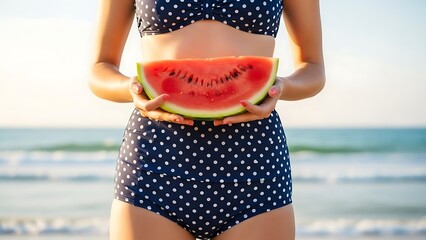 Woman in polka dot bikini holding watermelon slice at the beach navy blue high waisted