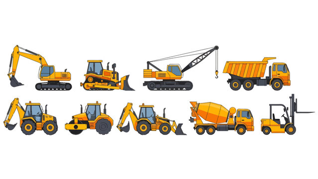 Set of yellow construction vehicle illustrations including excavator bulldozer crane dump truck backhoe loader steamroller concrete mixer forklift on white.