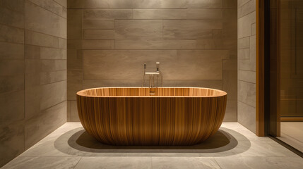 Luxury Bathroom Interior with Wooden Bathtub
