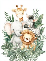 Fototapeta premium Cute jungle baby animals watercolor illustration with lion zebra giraffe and elephant, nursery wall art for kids decor and gift design 