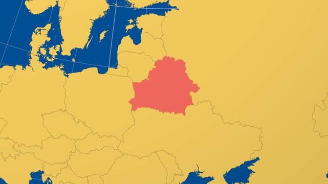 Belarus on Globe. Animated zoom into the country in Ocean Blue Golden Yellow color palette. Belarus logo animation. Map with meridians, parallels. Alive video.