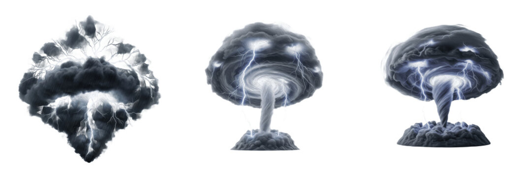 Set of Dramatic Storm Clouds, Tornado Vortex, and Mushroom Cloud Explosions Isolated on White