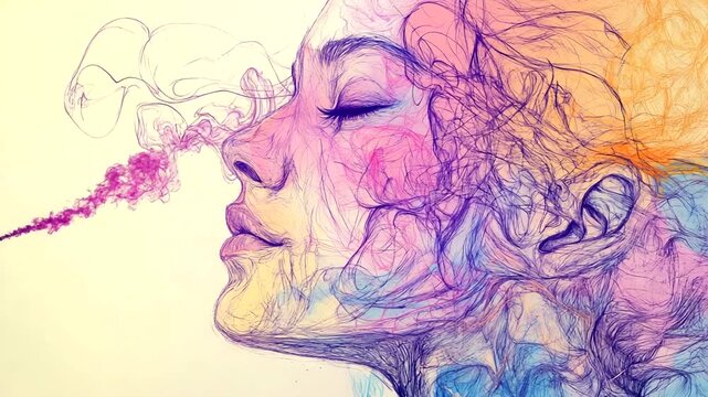 Abstract artistic portrait of a woman with colorful smoke emanating from her nose.