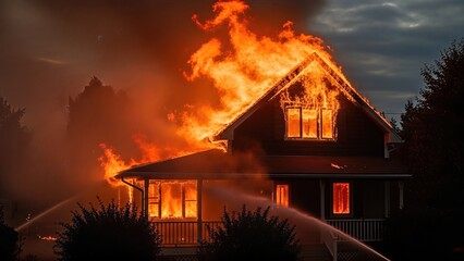 House engulfed in flames during emergency response, firefighters battling blaze with hoses, showcasing urgent action and fire safety measures in crisis situation. Emergency Action Plan