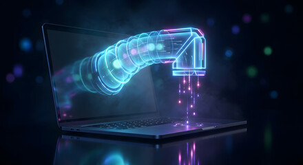 digital glowing blue pipeline emerging from laptop screen with flowing data particles representing high speed internet connectivity fiber optics big data and information technology