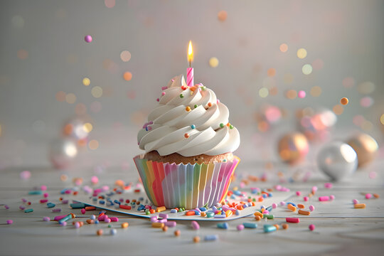 birthday cupcake with lit candle, colorful frosting, sprinkles on top
