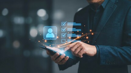 Business professional using smartphone with AI digital interface icons for innovation, technology, and data analysis in dark futuristic office