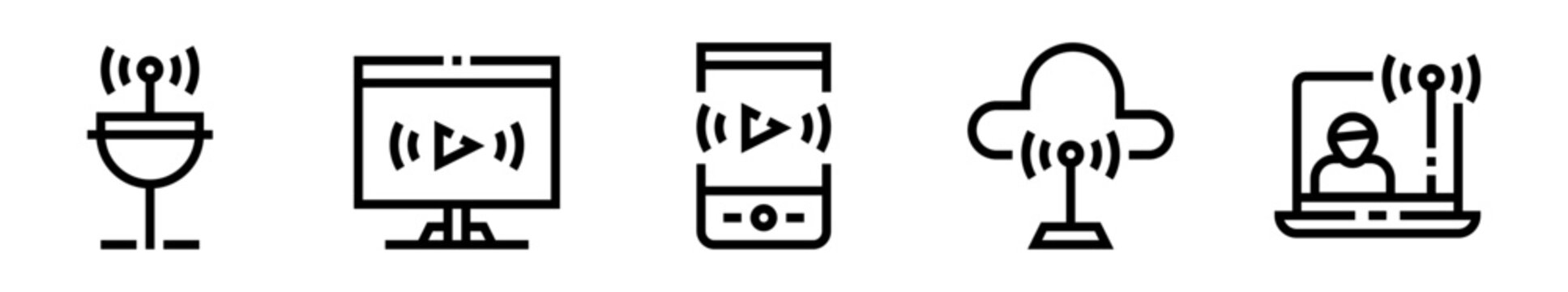 Conjunto de iconos de transmisi&oacute;n. Streaming digital, reproducci&oacute;n multimedia, se&ntilde;al en l&iacute;nea y difusi&oacute;n de contenido. Ilustraci&oacute;n vectorial lineal