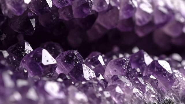 A captivating close-up of numerous deep purple amethyst crystals forming a sparkling geode.