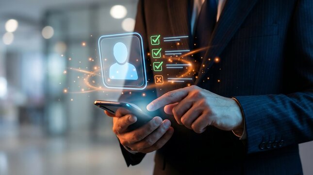 Business professional using futuristic digital interface with holographic charts and data analytics on smartphone in modern office - Powered by Adobe