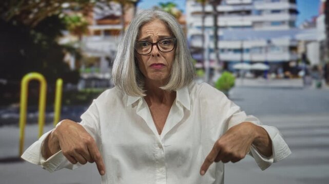 Woman with grey hair and glasses points both index fingers down at her chest on a city street near buildings; concern self blame.