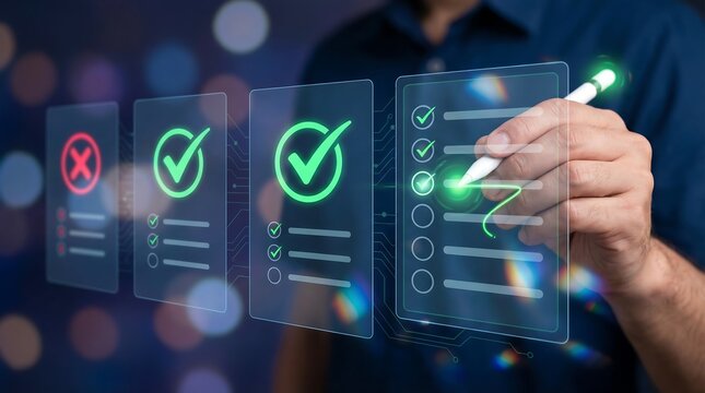 Business professional touching digital success checklist with glowing green checkmarks on futuristic interface in dark office - Powered by Adobe