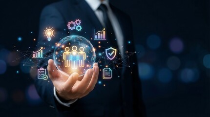 Business professional holding glowing digital innovation sphere with AI, cloud computing, and global network icons in futuristic dark background