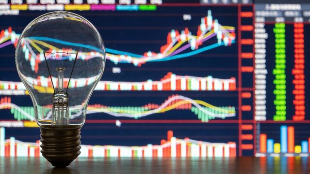Light bulb in front of stock market charts - Powered by Adobe