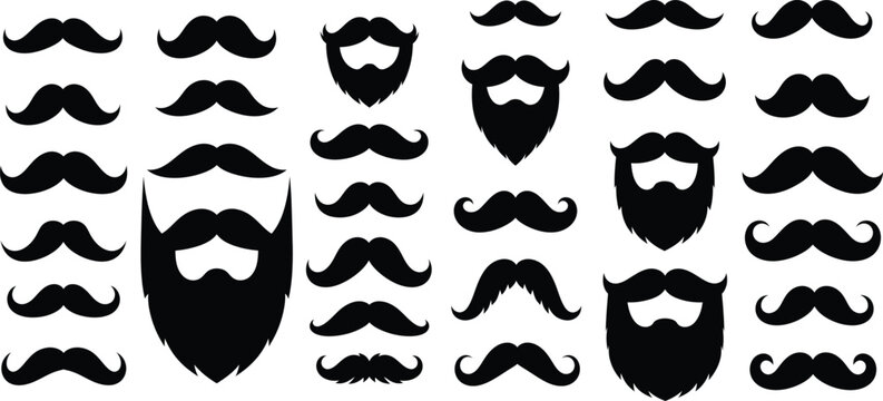 Large assortment of black silhouette mustache and beard styles for male grooming or character creation projects