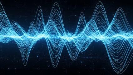 A vibrant blue waveform oscillates against a dark background with subtle starry details.