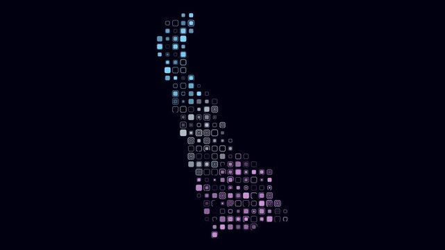 Delaware animated shape. Pulsating colored dots on the map of the state. Large size rounded square blocks. Digital style Delaware map on dark background. Modern animation video.