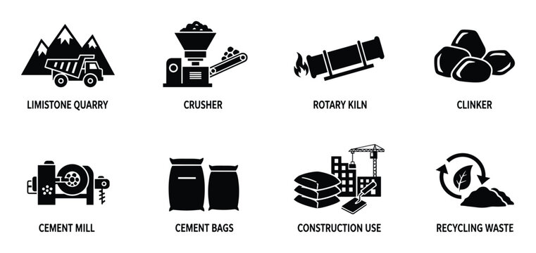Cement manufacturing process icons illustrating limestone quarry crusher rotary kiln and cement bags