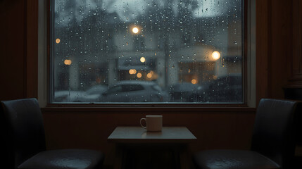 Cozy Cafe Interior with Rainy Window View