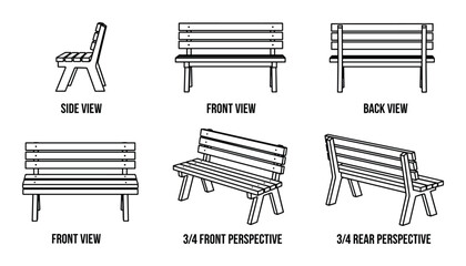 Different wooden park bench view line art for design element with furniture or interior design © GoDesigner