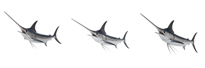 Set of Atlantic blue marlin or swordfish jumping isolated on white background, sport fishing and marine wildlife concept