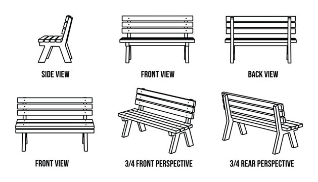 Different wooden park bench view line art for design element with furniture or interior design
