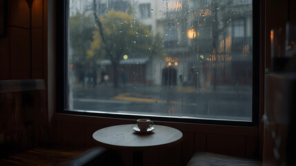 Cozy Cafe Interior with Rainy Window View
