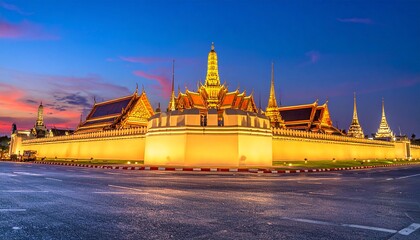Obraz premium Stunning Illuminated Grand Palace at Dusk - A Majestic Architectural Marvel in Bangkok, Thailand.