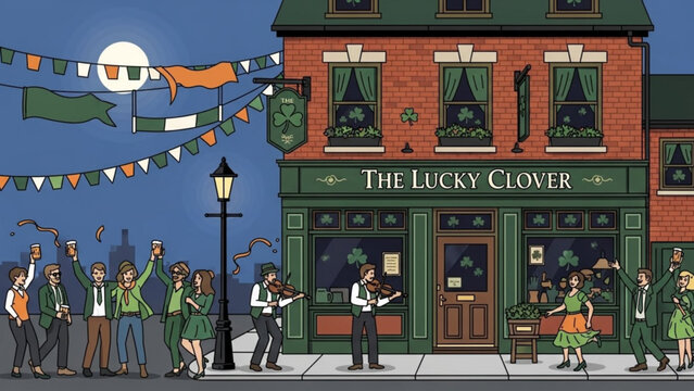 Irish pub The Lucky Clover decorated for St Patricks Day with people celebrating and musicians playing festive street scene illustration