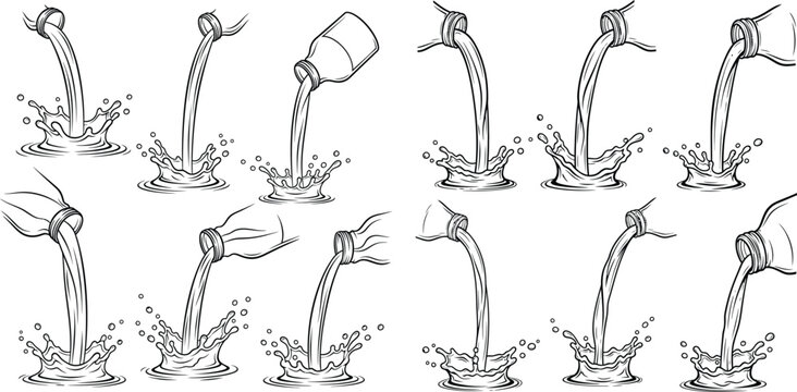 Set of liquid pouring from bottles in different angles creating splash and ripple effects