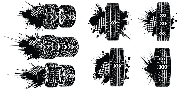 Set of motorsport racing car tires with checkered flag symbols and grunge ink splatter effects