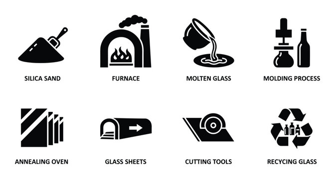 Glass manufacturing process infographic set including silica sand furnace molten glass and recycling