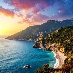 Fototapeta premium Stunning Coastal Landscape - Turquoise Waters, Lush Green Hills, and Dramatic Sunset Skies.