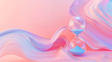 Transparent hourglass with pastel blue sand against flowing abstract pink background