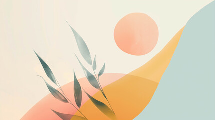 Abstract landscape with botanical leaves, sun, and curved hills in soft warm tones