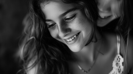 Black and white portrait of a smiling young woman with soft natural lighting