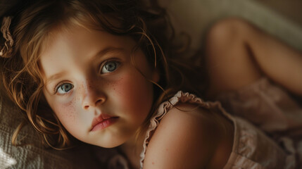 Softly lit portrait of young child with curly hair lying on bed and looking away