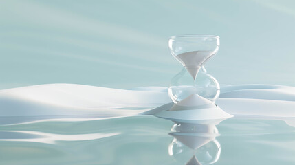 Minimal transparent hourglass with white sand placed on reflective surface with soft lighting