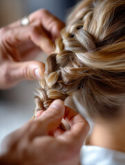 Fototapeta premium Close up Hairdresser or Professional stylist hand making crochet braiding client's hair in barber or beauty salon, hairstylist or hair culture and Style