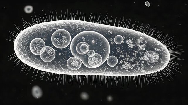 Microscopic Paramecium Protozoa Cell with Cilia and Vacuoles