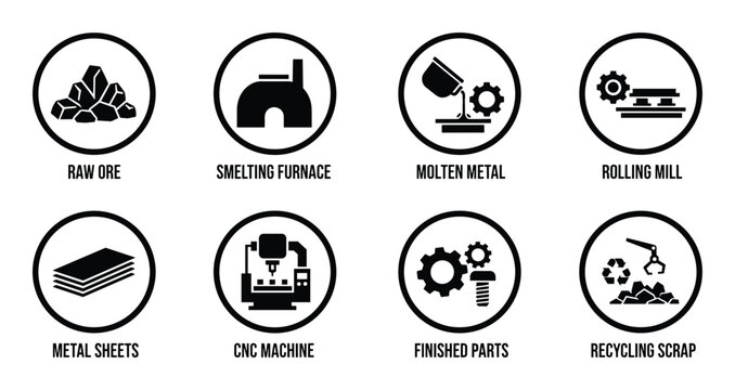 Metallurgy production process stages of steel production from raw ore to metal sheets and recycling
