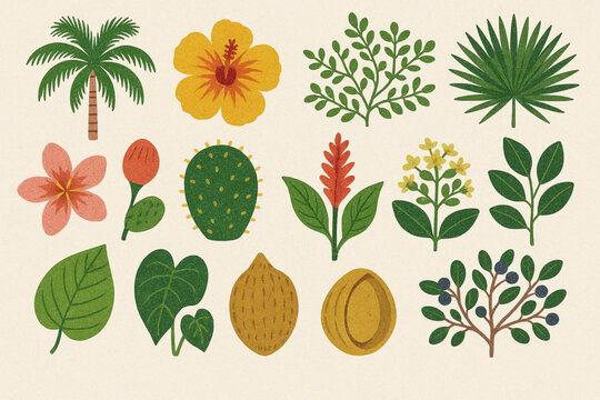 Cuban Endemic Plants and Island Nature Icon Set Vector Illustration