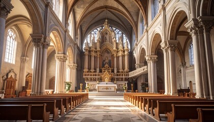 Fototapeta premium Stunning Interior View of a Grand Cathedral with Arched Ceilings and Detailed Architecture.