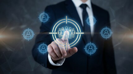 Business professional touching digital global network with futuristic technology icons and holographic interface for innovation and connectivity