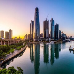 Obraz premium Stunning cityscape view of modern skyscrapers reflecting in the calm water at sunset.