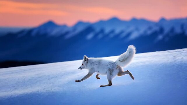 fox with pure white fur and striking yellow eyes leaps gracefully across a snowy landscape during the morning light. The background features snow covered mountains under a pastel colored sky