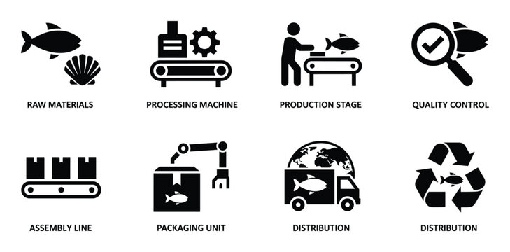 Production stages of seafood from raw materials to distribution on white background exactly hundred characters