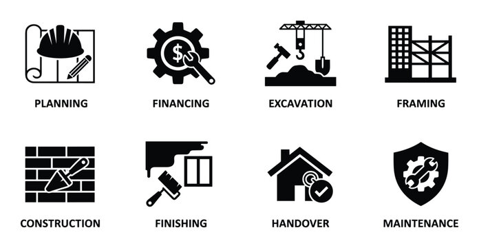 Project construction process planning vector icon set for building phases and stages on transparent background