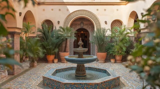 Moroccan courtyard tiled octagonal fountain with potted palms and arched doorway tranquil inviting
